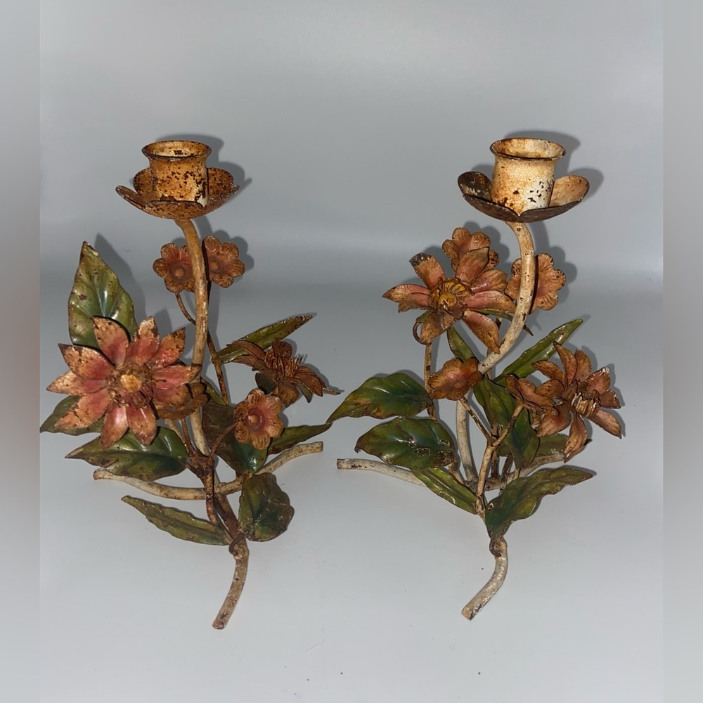 Vintage Tole Patina Floral Candle Holders
